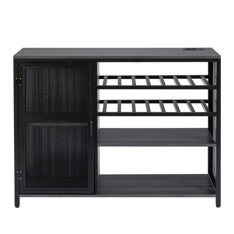 Gray and Silver Metal Bar Cabinet with Wine Racks and Stemware Holder