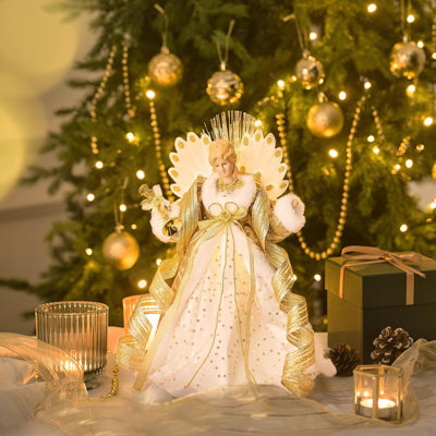  Lighted Christmas Tree Topper Angel with Timer, 16 Inch Luxury White Gold Fabric Small Angel Tree Topper with Lights for Christmas Tree Decor Indoor, Battery Operated, Valentines Gift