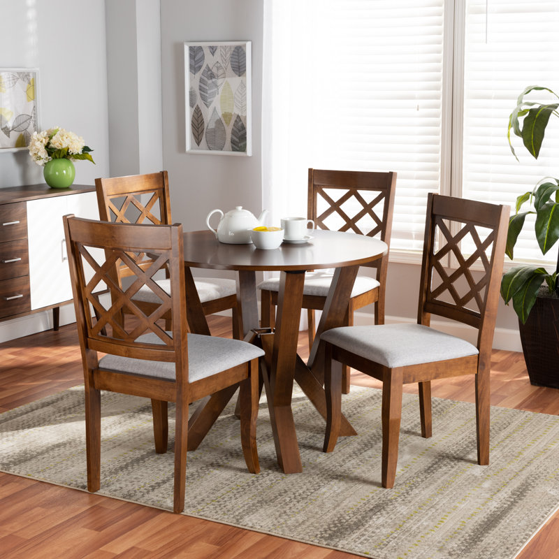 5-Pc Rubberwood Solid Wood Dining Set in Grey Fabric Upholstered, 37.4'' H X 18.1'' W X 20.3'' D, Walnut Brown