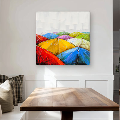 Colorful Umbrellas Under the Rain - Red Object Metal Print