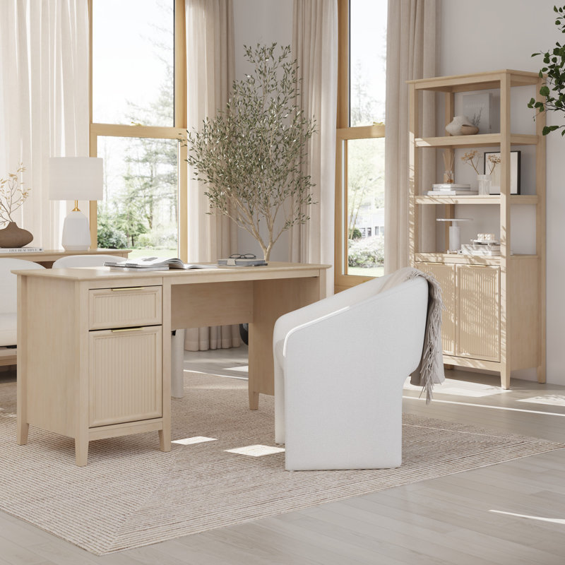 54W Fluted Office Desk With Storage And 5 Shelf Bookcase With Doors, Home Office Furniture, Tan