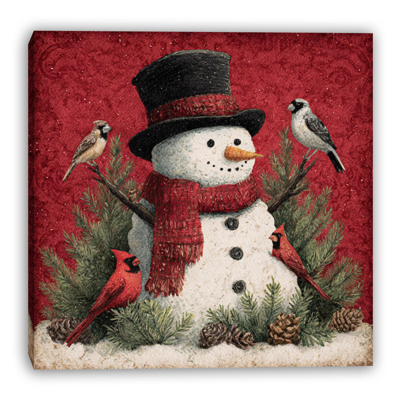 «Snowman with Winter Birds», art mural sur toile tendue, 40 po x 40 po