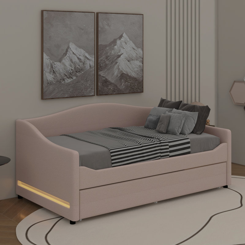 Lit de jour simple tapissier avec lumière et lit gigogne, Beige