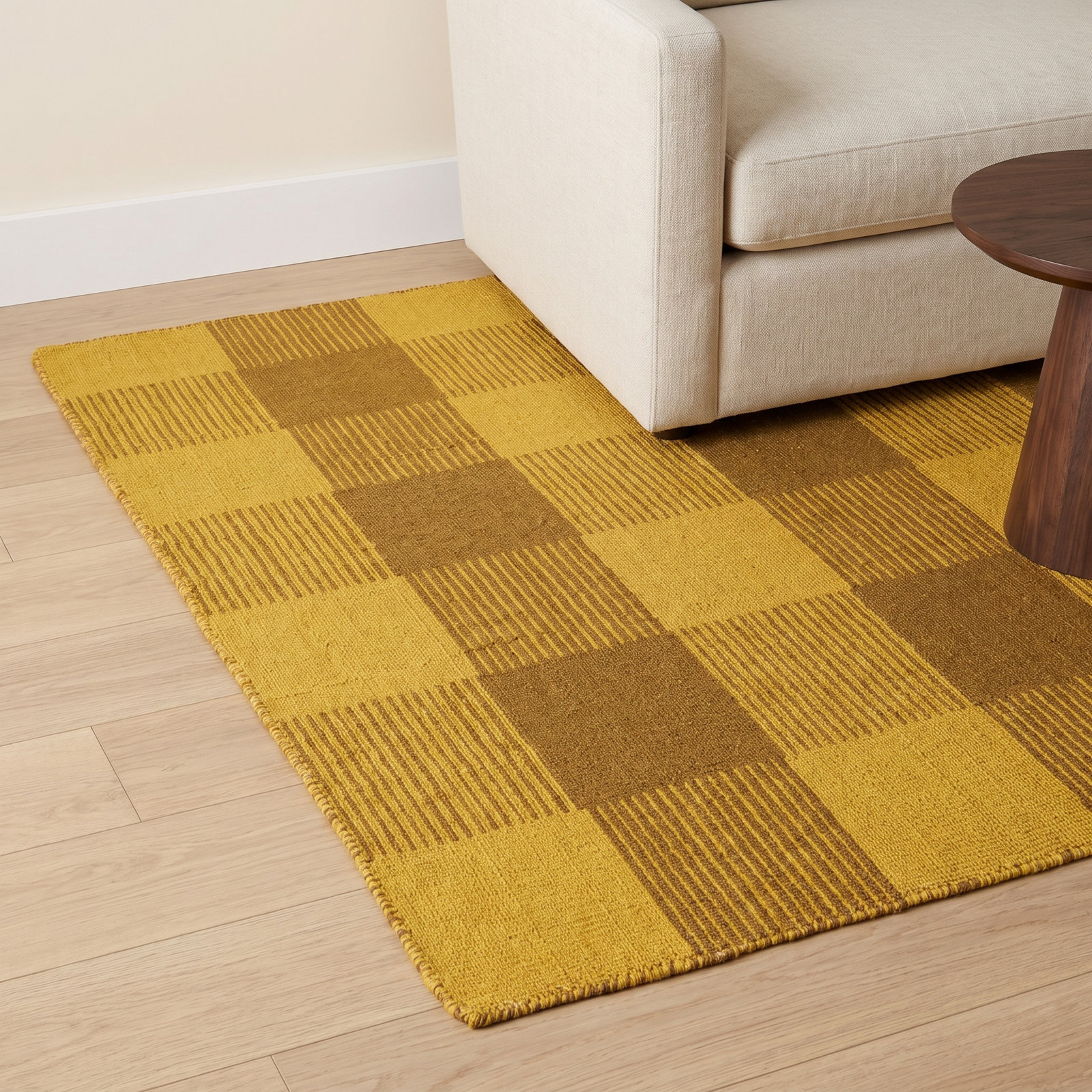 Simple Gingham Shag Wool Rug, Mustard/Bronze, Rectangle 5' x 8'