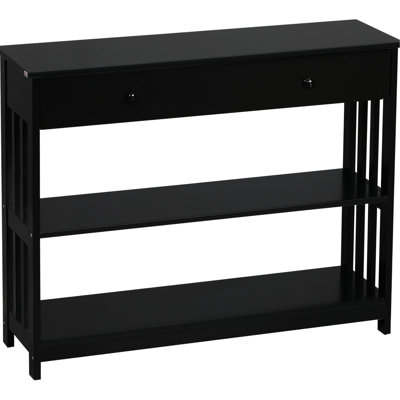 Console Table For Hallway, Black With Extra Wide Drawer & 2 Shelves, Slatted Wood Frame Storage Space Hallway Modern Living Room Decor