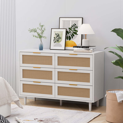 Multi purpose Rattan 6 Drawer Dresser,Modern Storage Cabinet with Wooden Legs