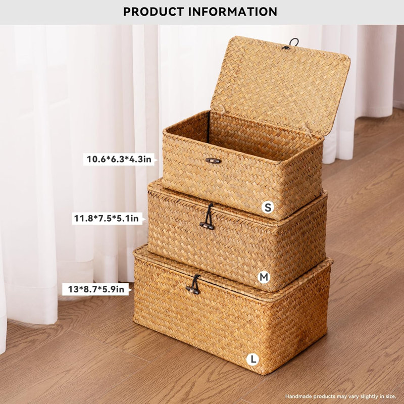 Handwoven Seagrass Storage Baskets With Lids, Set Of 3 Multipurpose Rectangular Organizer Boxes For Home Decor And Household Organization