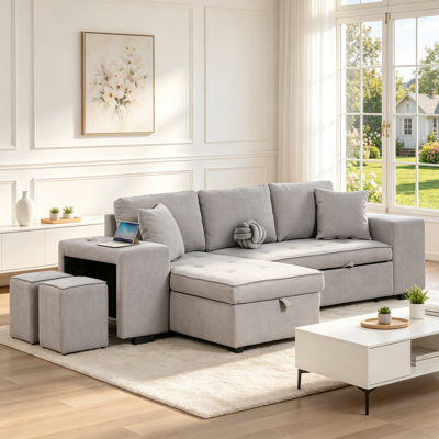 104.5 Inch Reversible L-Shape 3 Seat Sectional Sofa with Pull Out Sleeper, Storage Chaise, and 2 Stools, Perfect for Living Room, Gray