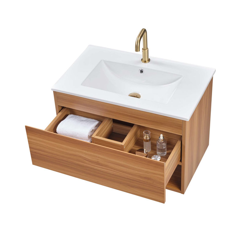 Meuble-lavabo moderne de 24 pouces avec lavabo en céramique - Meuble-lavabo mural flottant cannelé avec tiroirs