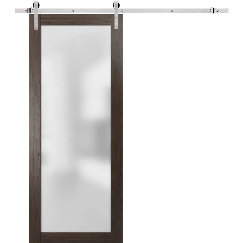 Porte de grange robuste en verre trempé givré | Planum 2102 | Ensemble de quincaillerie lourde pour cintres 6,6 pi argenté | Portes intérieures modernes à panneau massif - Rail argenté