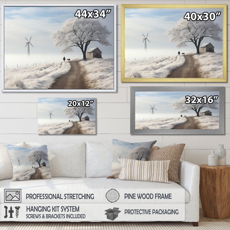 Éoliennes, paysage d'hiver, Cadre doré simple, H 34 po x l 44 po x P 1,5 po