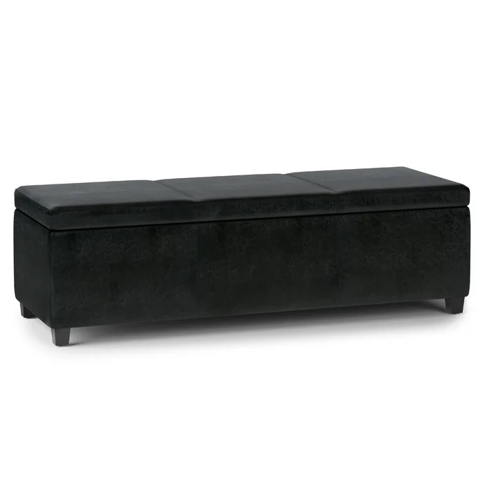 Midnight Black Faux Leather Extra Large Storage Ottoman Bench