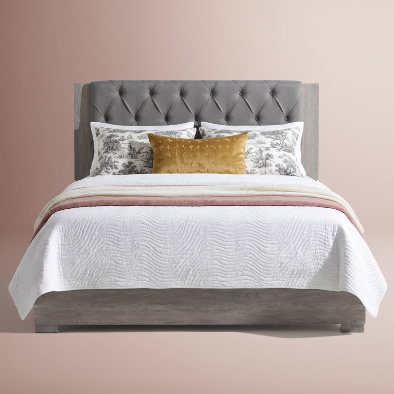 ClickDecor Kenton Panel Bed Frame with Diamond Tufted Upholstered Headboard, Easy Assembly, King, Light Gray