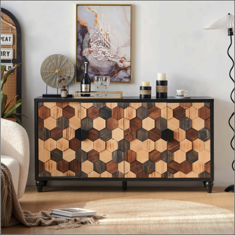 Armoire de rangement vieillie avec motif en nid d'abeille, armoire d'appoint moderne avec portes pour buffet de hall d'entrée Buffet de salon