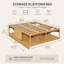 Très grand lit plateforme minimaliste de couleur naturelle sans tête de lit, rangement avec éclairage ambiant, matelas sans ressorts pour animaux de compagnie.