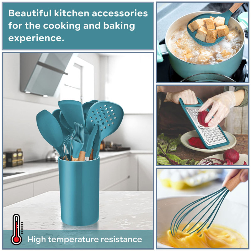 Kitchen Utensils Set,  25 Pieces Soft Silicone Cooking Utensil Set With Holder, Natural Wooden Handle Kitchen Spatula Spoon For Cooking Baking, Non Stick & Heat Resistant,