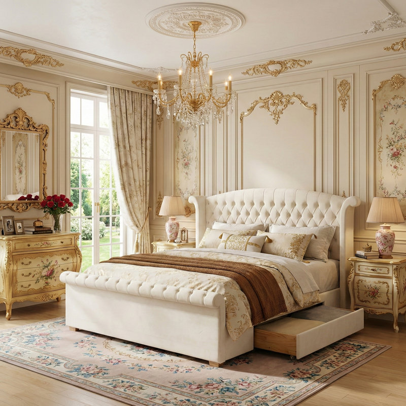 King 52" Velvet Wingback Sleigh Storage Bed Frame with 2 Drawers, No Box Spring Needed, Cream, King, Cream