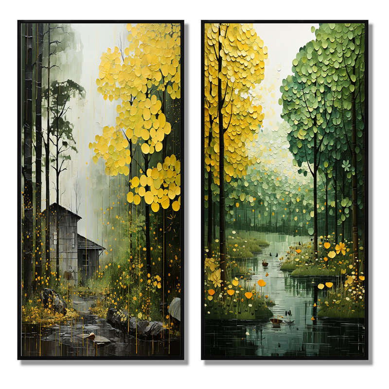 «Yellow Trees Verdant Canopy Patchwork», 2 pièces, Cadre noir, H 20 po x l 24 po