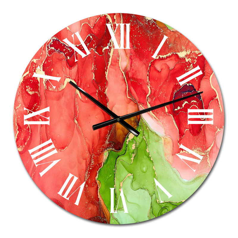Rouge et vert, art abstrait fluide de luxe - horloge murale moderne, Moyen
