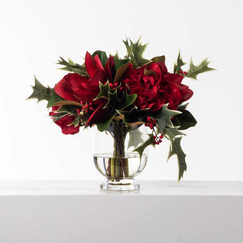 Real Touch Red Magnolia & Hydrangea with Wild Holly Berry Branches Water Illusion Holiday Christmas Centerpiece in Glass Vase