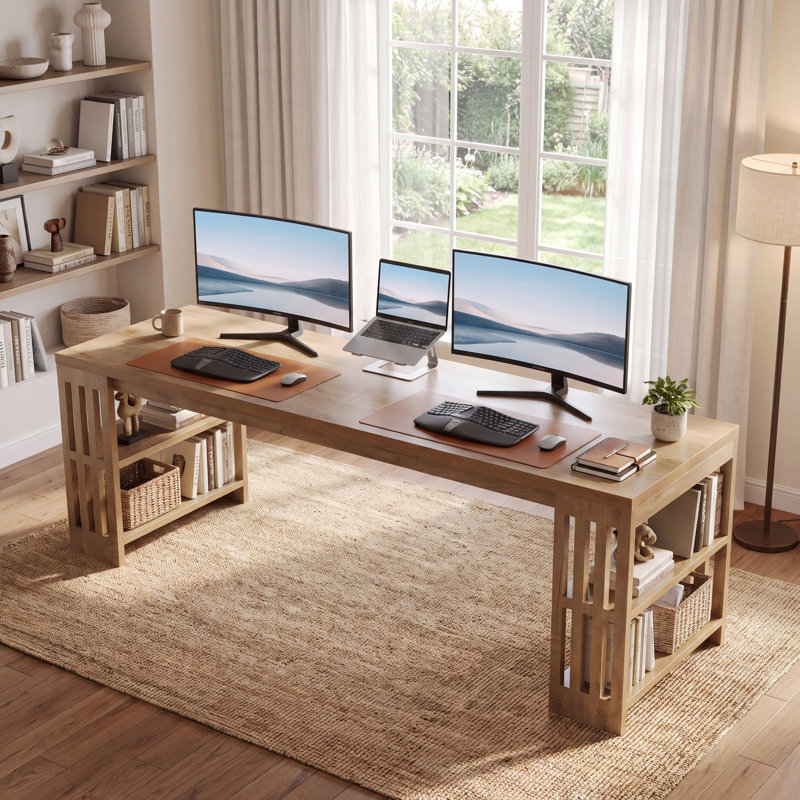 78.7" Long Computer Desk, Wooden 2 Person Desk with Storage Shelf,Suitable for Home Office, Natural