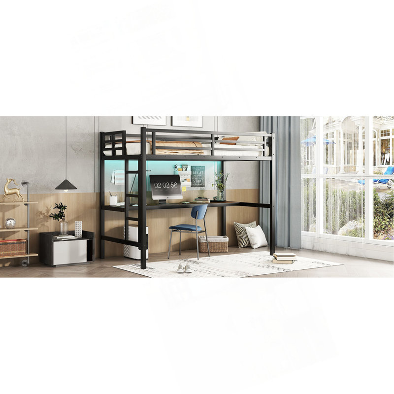 Lit mezzanine simple en métal de taille XL avec prise de courant et éclairage à DEL, peu encombrant, noir