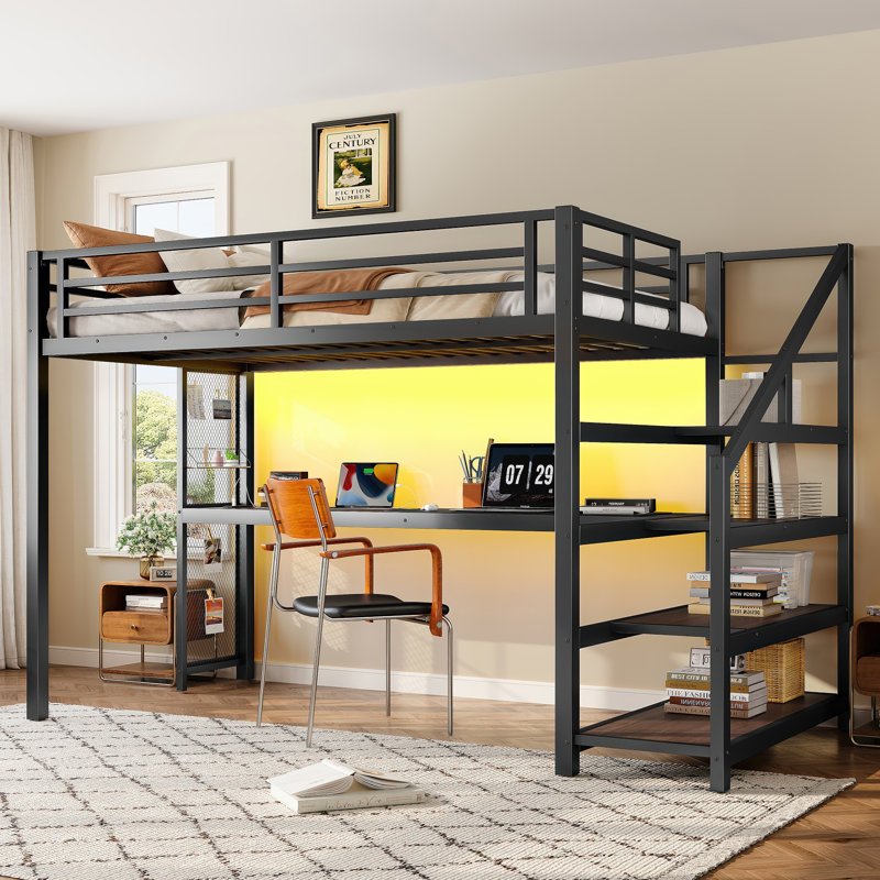 Lit mezzanine simple moderne avec rangement, design en métal noir pour maison familiale