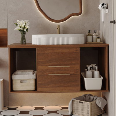 Meuble-lavabo mural avec lavabo ovale, meuble-lavabo flottant avec tablette de rangement ouverte et tiroirs à fermeture en douceur