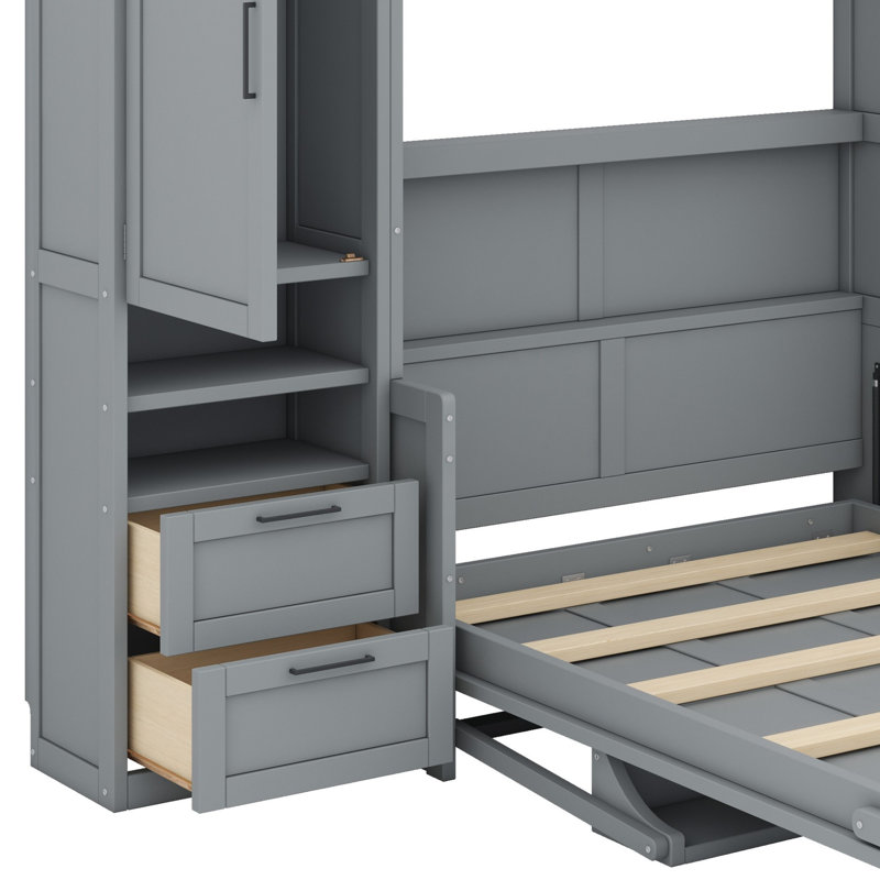 Lit escamotable Murphy avec placard, tiroirs et tablettes, Double, Gris