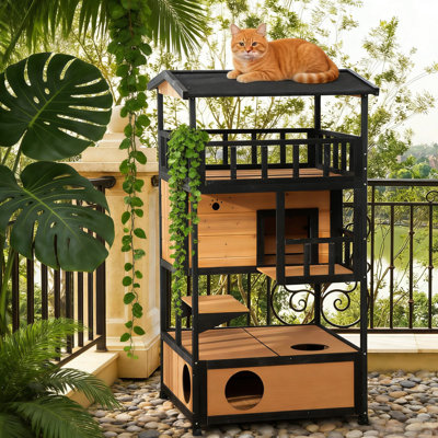 Wooden Cat House For Indoor And Outdoor Use, Featuring Asphalt Eave Raised Floor, Removable Middle Board Easy Cleaning, Suitable Small Cats With Jump Platforms Floor Holes, Yellow Black Finish, To