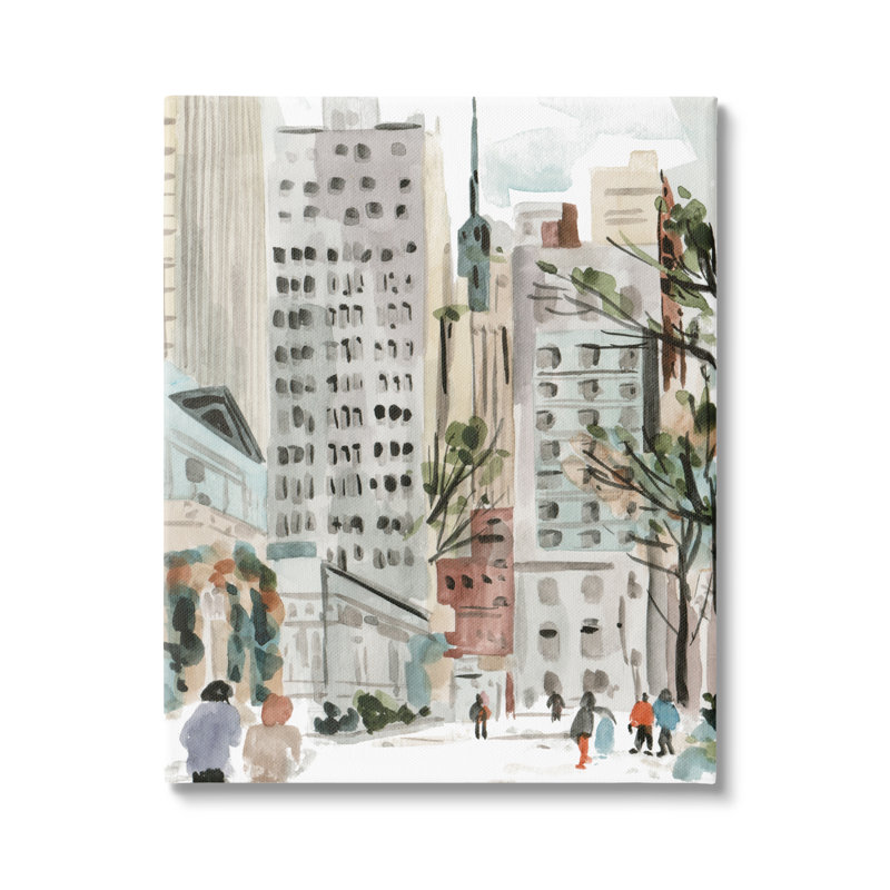 «People Walking City Street High Metropolis Buildings» par Melissa Wang - Peinture, H 20 po x l 16 po, Toile tendue