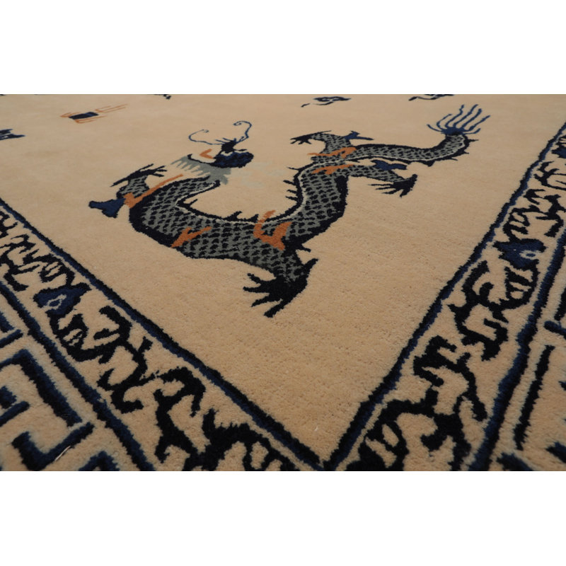 Multi Size Ivory Hand Tufted Dragon Chinese Art Deco Oriental Area Rug, Rectangle 5' x 8'