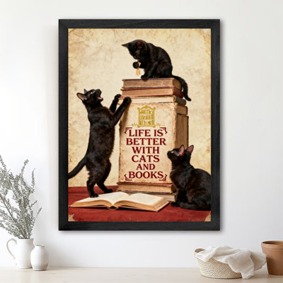 Art rétro encadré noir «LA VIE EST MIEUX AVEC CHIENS ET BOOKS»
