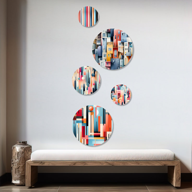 Cityscape Lines Striped Pattern - Abstract Modern Round Wall Art Set Of 5