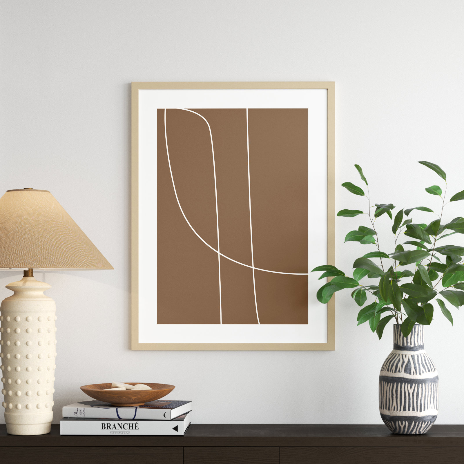 Modern Line Abstract 1 Mushroom Brown by The Creative Bunch Studio, Brown Framed, 21" H x 17" W x 0.8" D