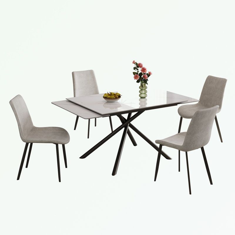 Ensemble de table de salle à manger 5 pièces avec table rectangulaire et pieds en acier, Blanc, Blanc