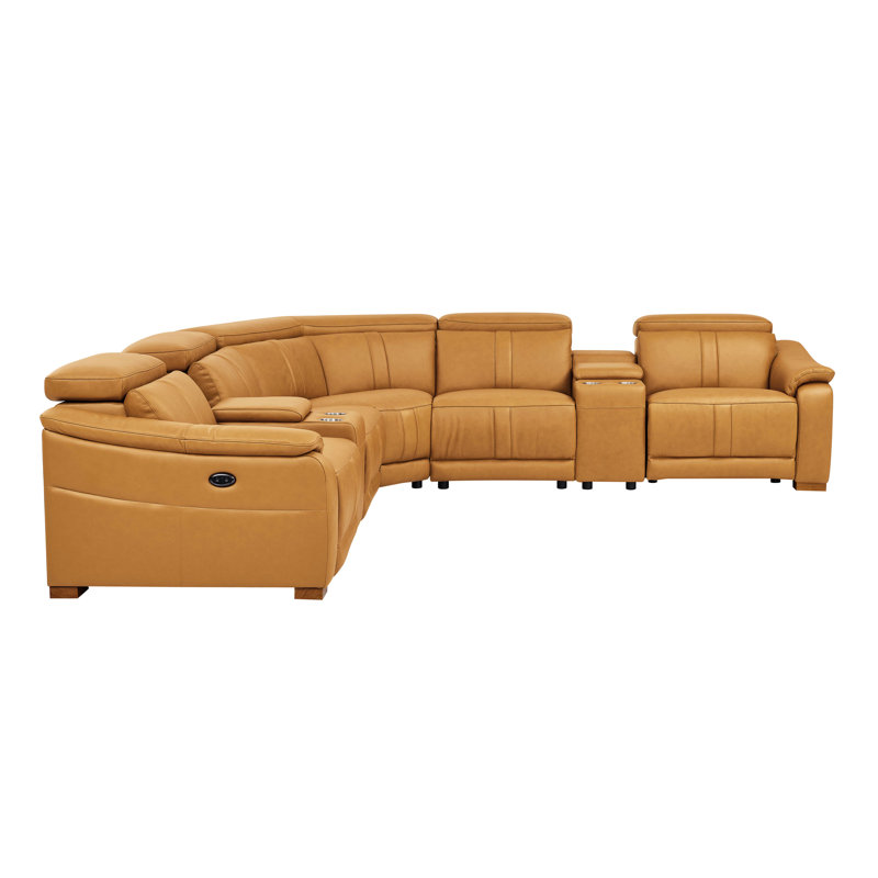 Canapé d'angle modulaire avec revêtement en similicuir, fauteuil inclinable, réglable et console de rangement - 5 places, similicuir au gingembre, inclinaison électrique personnalisable.