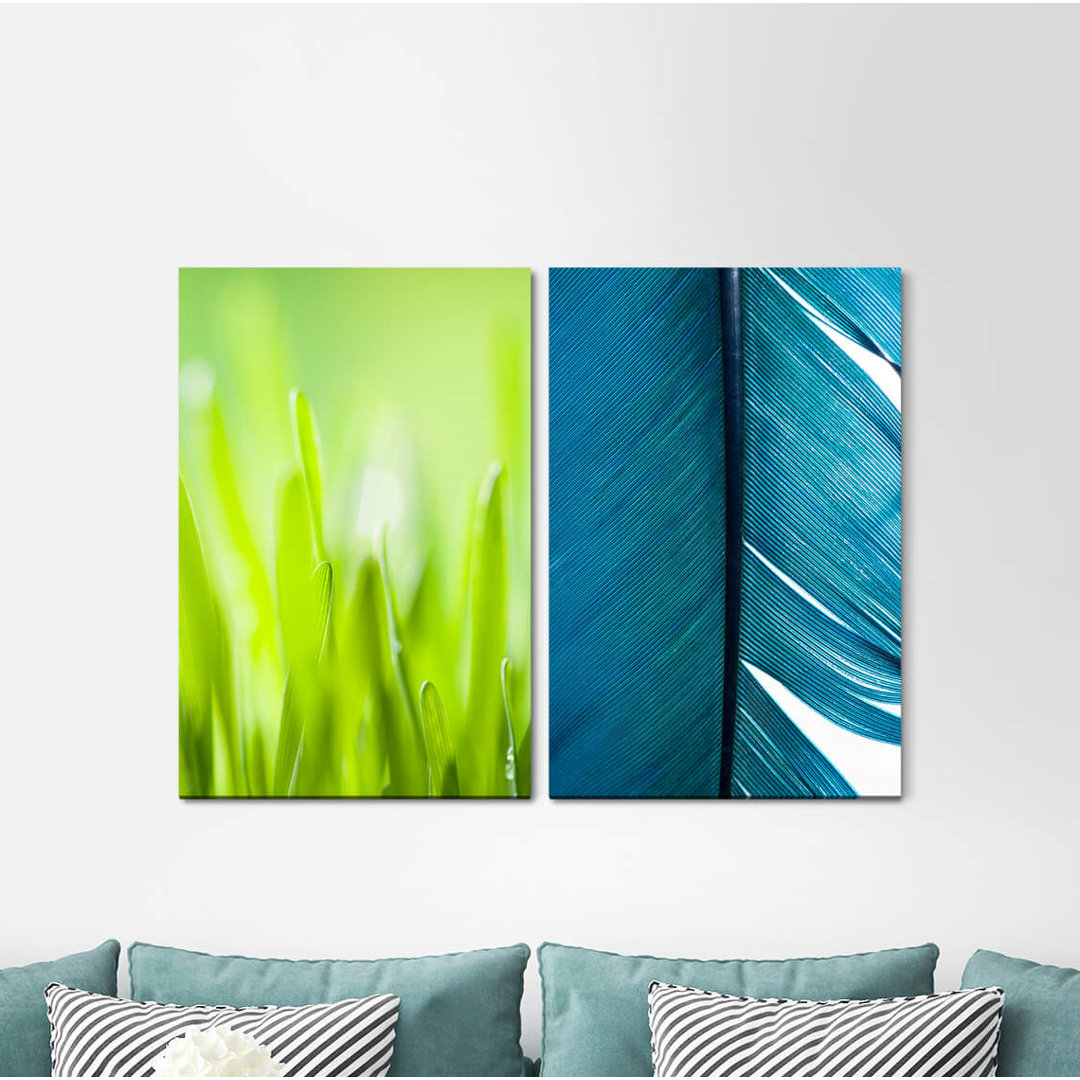 2-tlg. Leinwandbilder-Set - Fotografie „Blades of Grass Green Feather Blue Summer”