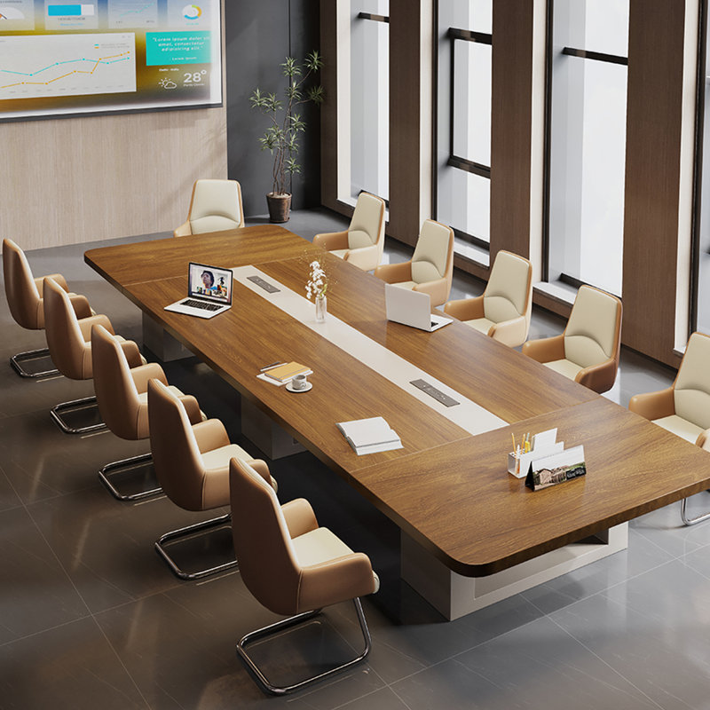 Table de conférence rectangulaire en bois massif brun et noisette + fer, H 29,53 po x L 94,49 po x l 47,24 po