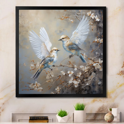 Gold and Grey birds on floral tree II - Bird Wall Art For Living Room