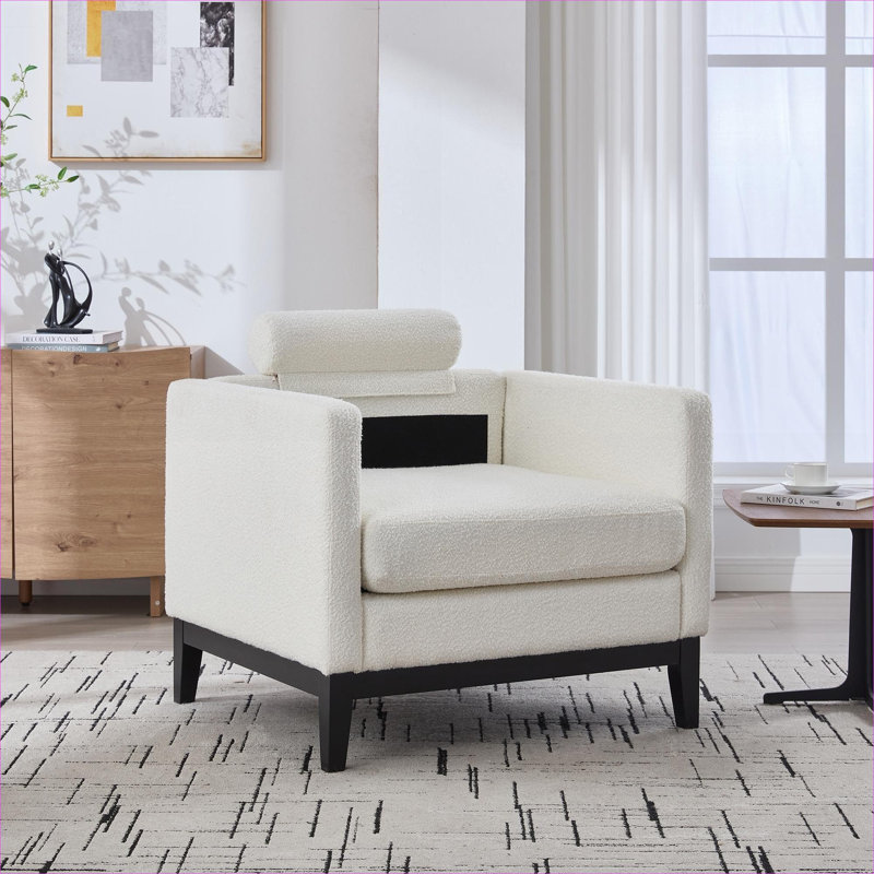 Fauteuil d'appoint bouclé beige de 35,4 po de largeur, de style maison de campagne moderne pour le salon, Beige, Noir
