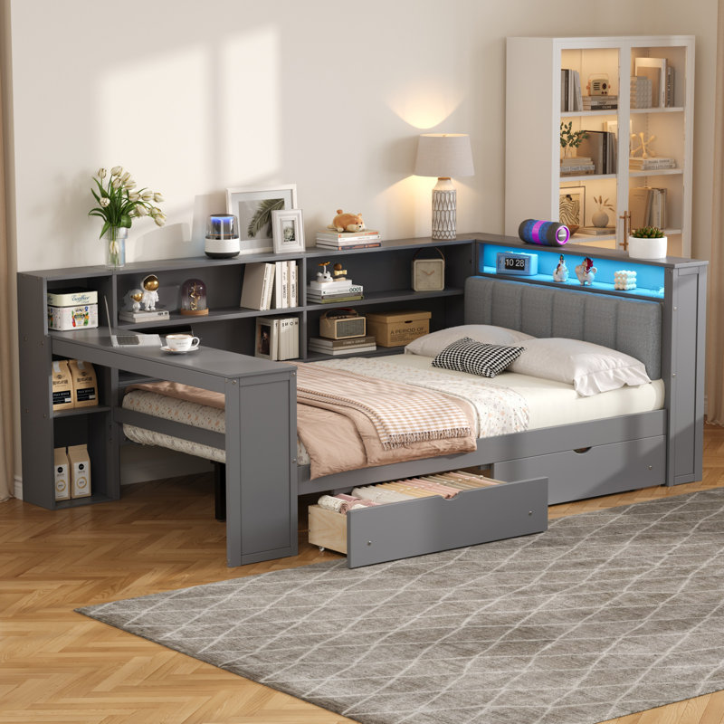 Full Size Platform Bed with Storage Shelves, Drawers, USB Charging, LED Lights, Desk & Upholstered Headboard, Grey+ Grey Cushion