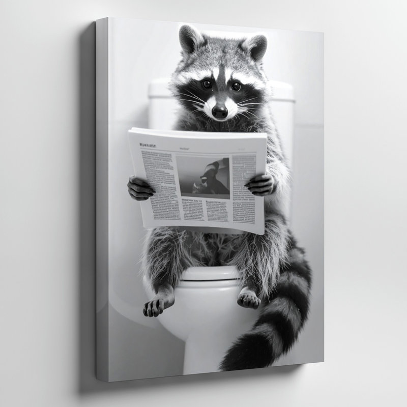 Un raton laveur assis sur une toilette lisant sur toile un journal avec une concentration complète, H 12 po x l 9 po