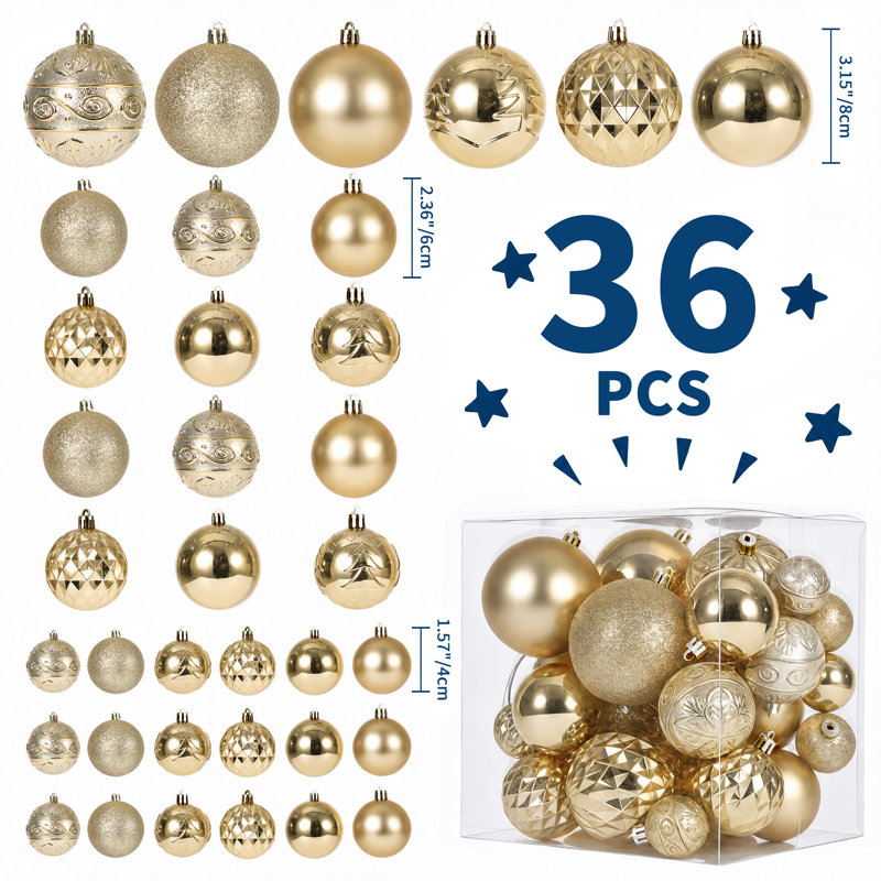 Shatterproof Plastic Christmas Ball Ornaments For Tree, Baubles With Assorted Finishes, Lightweight Hanging Holiday Decor For Xmas Tree Styling, Gold