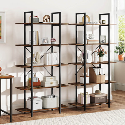 2 Pcs 5-tier Bookshelf 62" Tall Vintage Industrial Bookcase With Open Storage Shelves