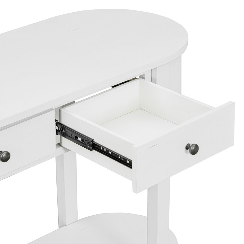 Console rétro en glacis blanc antique, 2 tiroirs et tablette de rangement pratique pour les salons courbés en pin, blanc, rangement pratique,
