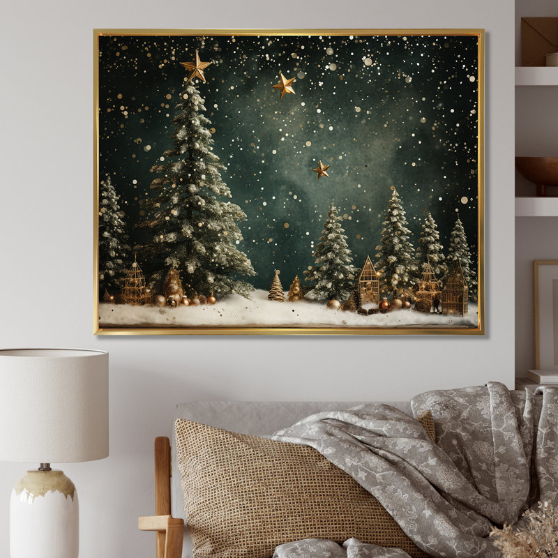 Green Christmas Pine Tree Decor - Tree Pine Wall Art, Gold, 24" H x 32" W, Floater Framed Print