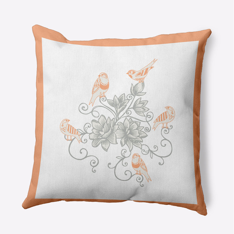 Coussin décoratif oiseaux et fleurs PFN1622OR9, H 26 po x l 26 po, Carré