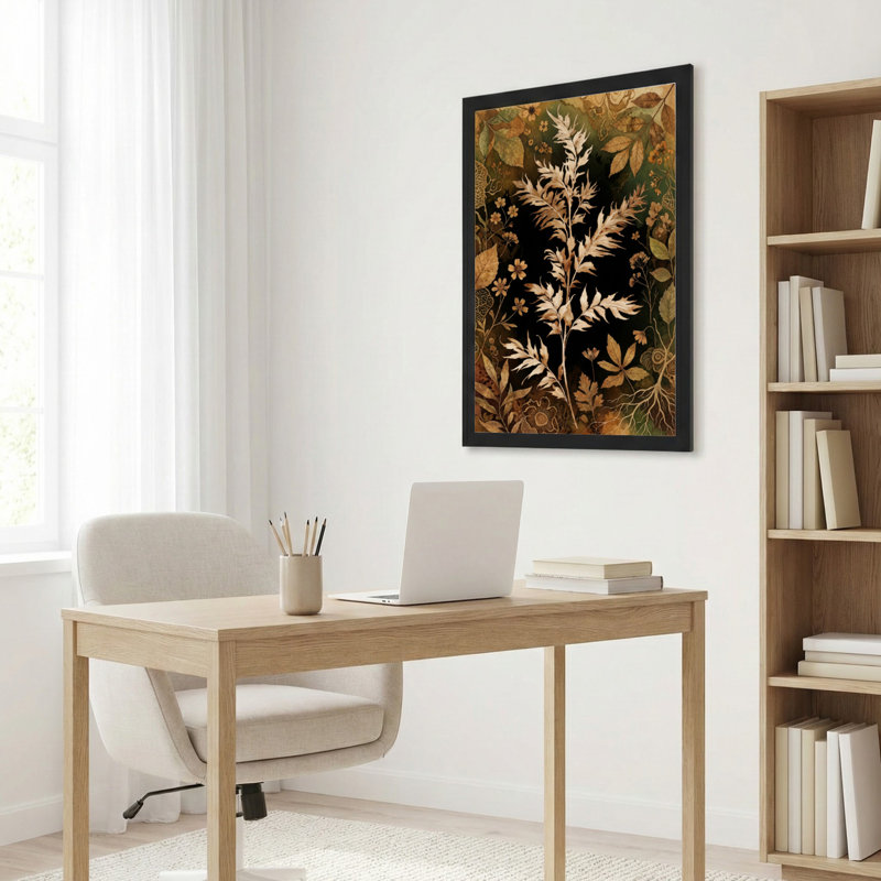 Toile noire encadrée en bois noir pour le salon, la chambre à coucher, le bureau ou le vestibule - décoration murale décorative avec motif botanique
