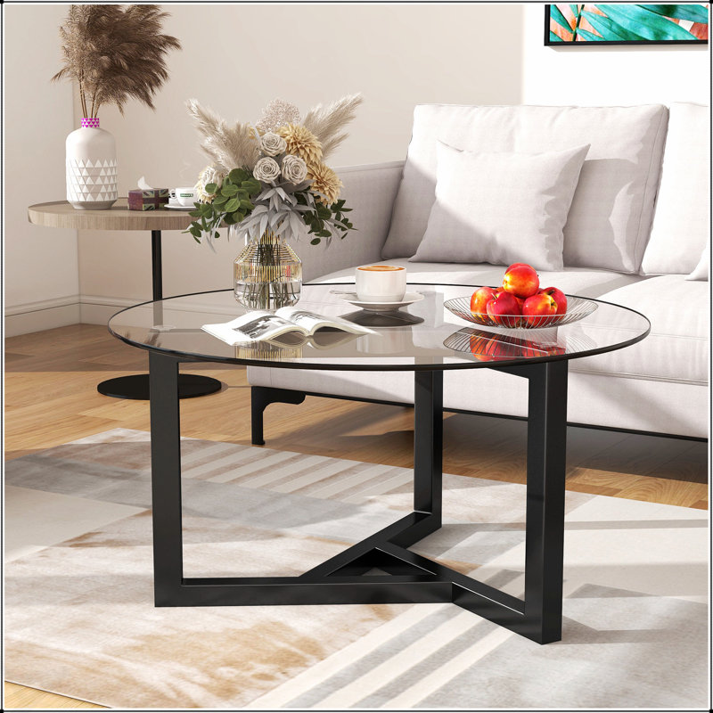 Table basse ronde en verre avec plateau trempé et base en bois robuste, facile à assembler pour la vie moderne, Noir